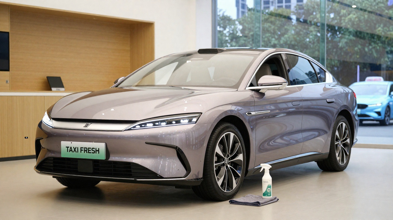 Carro sedan elétrico prata estacionado em salão, com frasco de produto de limpeza e pano no chão.