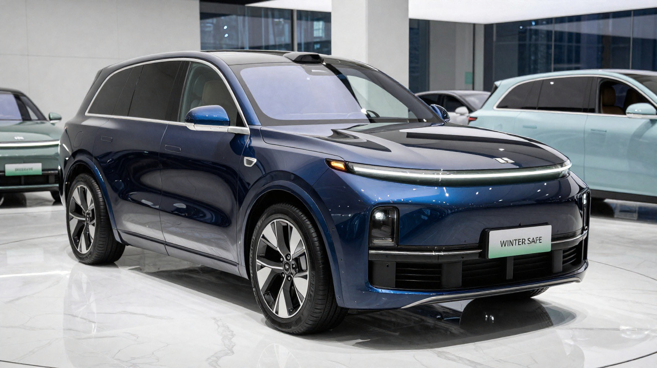 SUV elétrico azul escuro estacionado em showroom moderno com piso branco e paredes de vidro.