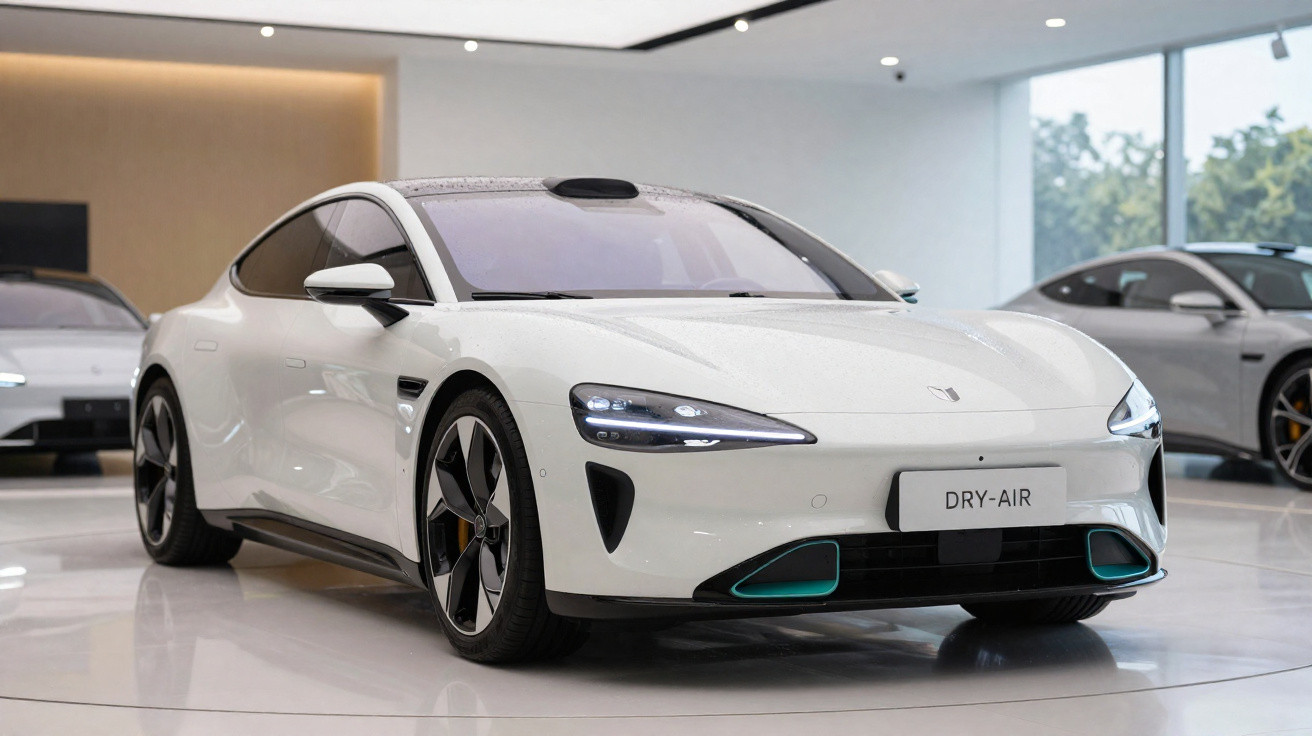 Carro elétrico branco sedan em ambiente interno moderno com iluminação suave e linhas aerodinâmicas.