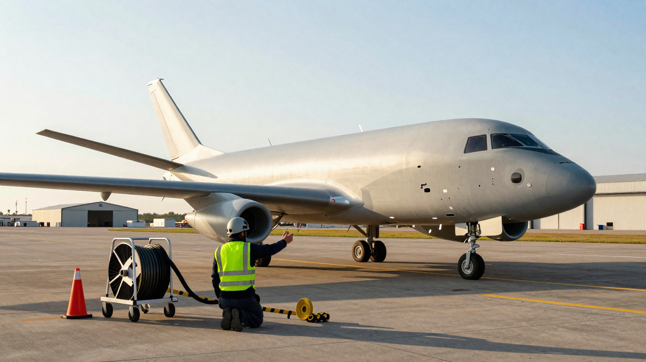 Avião cinza em pista com funcionário de colete refletivo e capacete orientando movimentação no aeroporto.