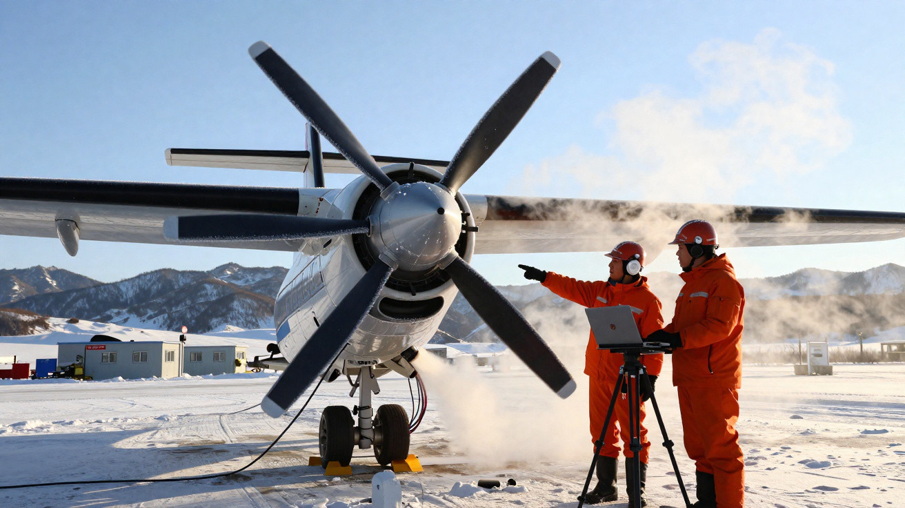 Dois técnicos em vestimenta laranja inspecionam avião na neve com montanhas ao fundo.