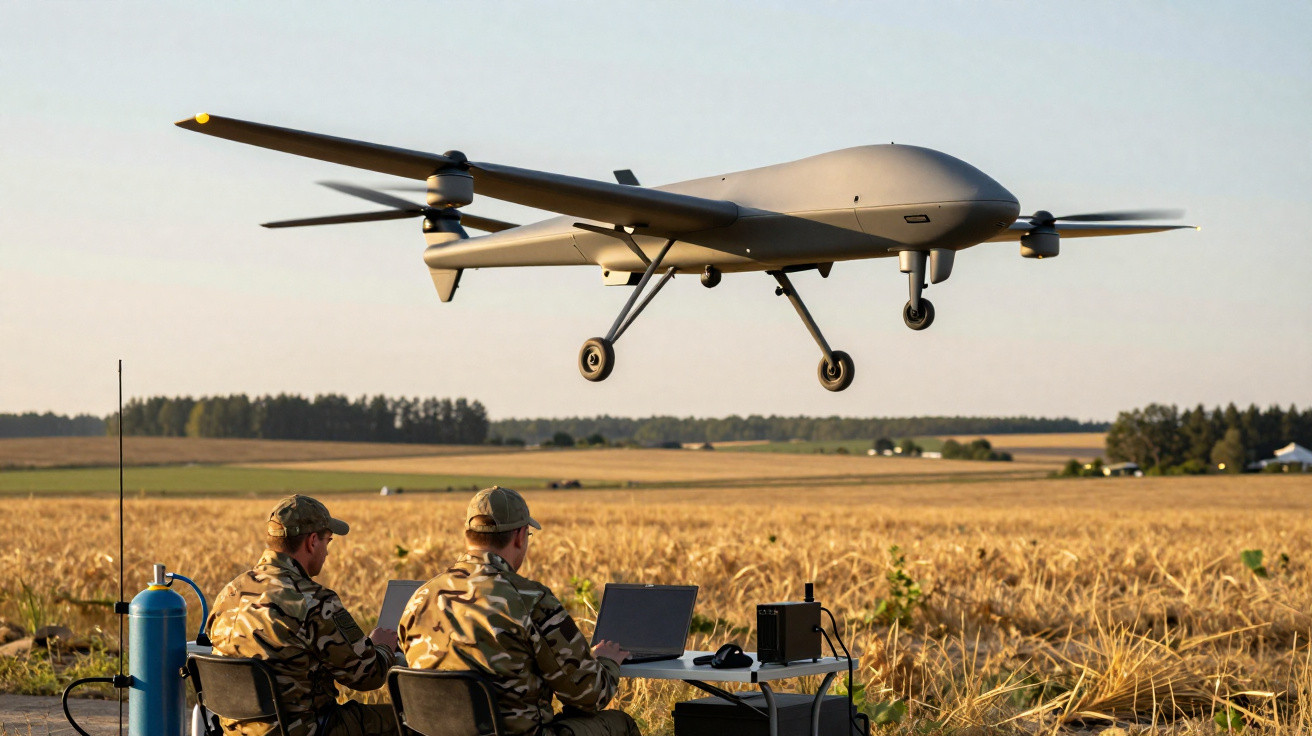 Dois soldados operam computador enquanto drone militar cinza voa sobre campo aberto.