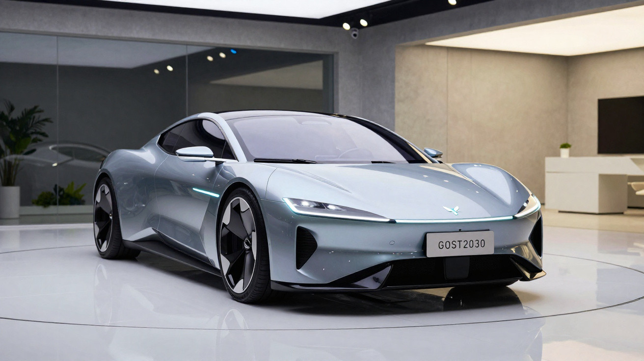 Carro esportivo elétrico prateado em ambiente interno moderno e minimalista.