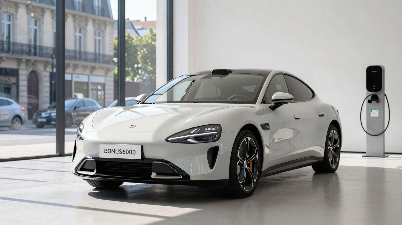 Carro elétrico branco estacionado em ambiente interno com estação de recarga ao fundo.