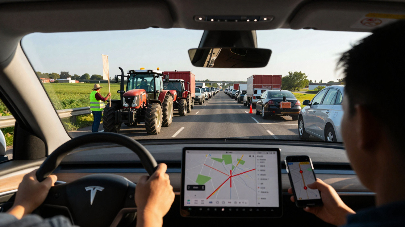 Motorista dentro de carro elétrico Tesla com trânsito lento à frente e tratores ocupando a pista na estrada.