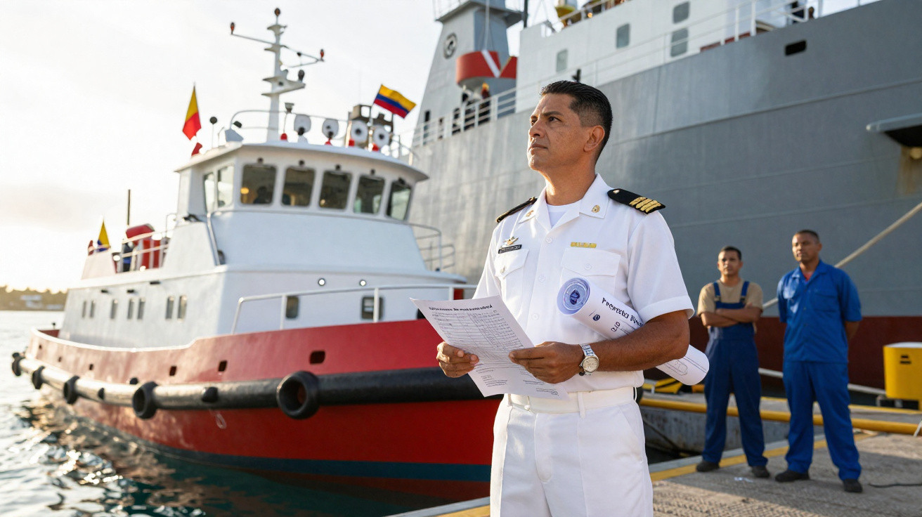 Oficial naval em uniforme branco segurando documentos ao lado de navios ancorados em porto durante o dia.