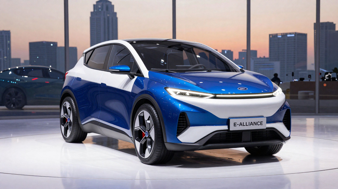 Carro elétrico azul e branco Ford E-Alliance exposto em salão com vista da cidade ao entardecer.
