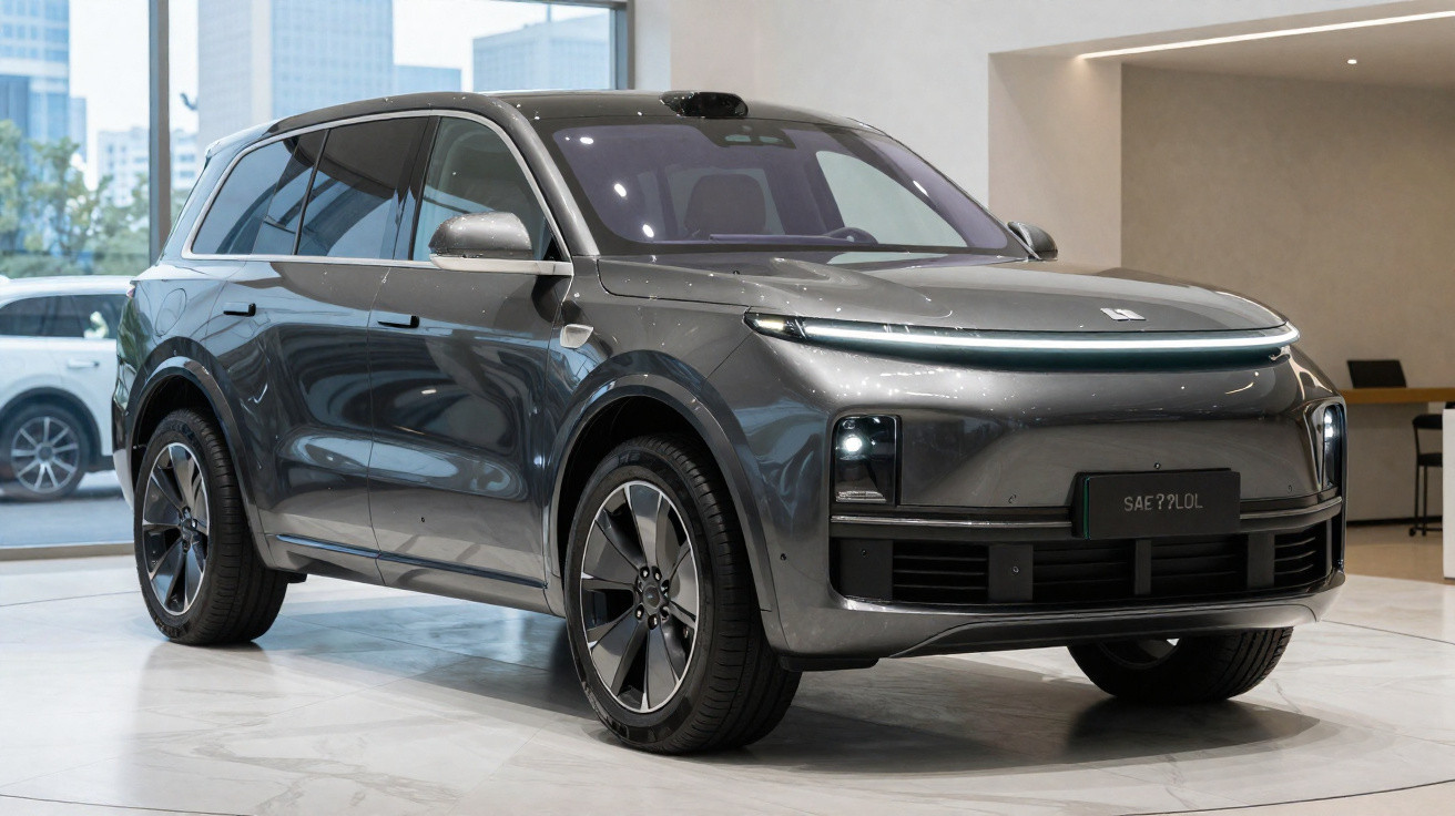 SUV elétrico cinza escuro em exibição interior com design moderno e futurista.