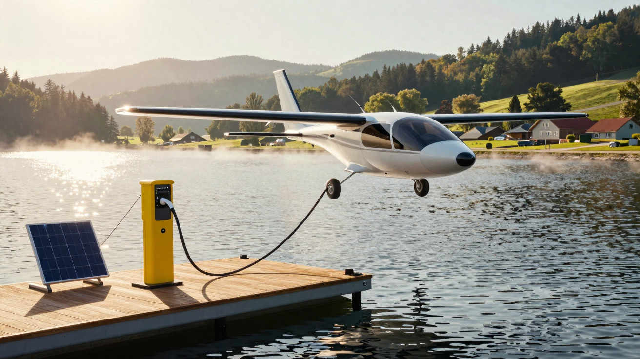 Avião elétrico sendo carregado em um píer com painel solar em lago cercado por montanhas e casas.
