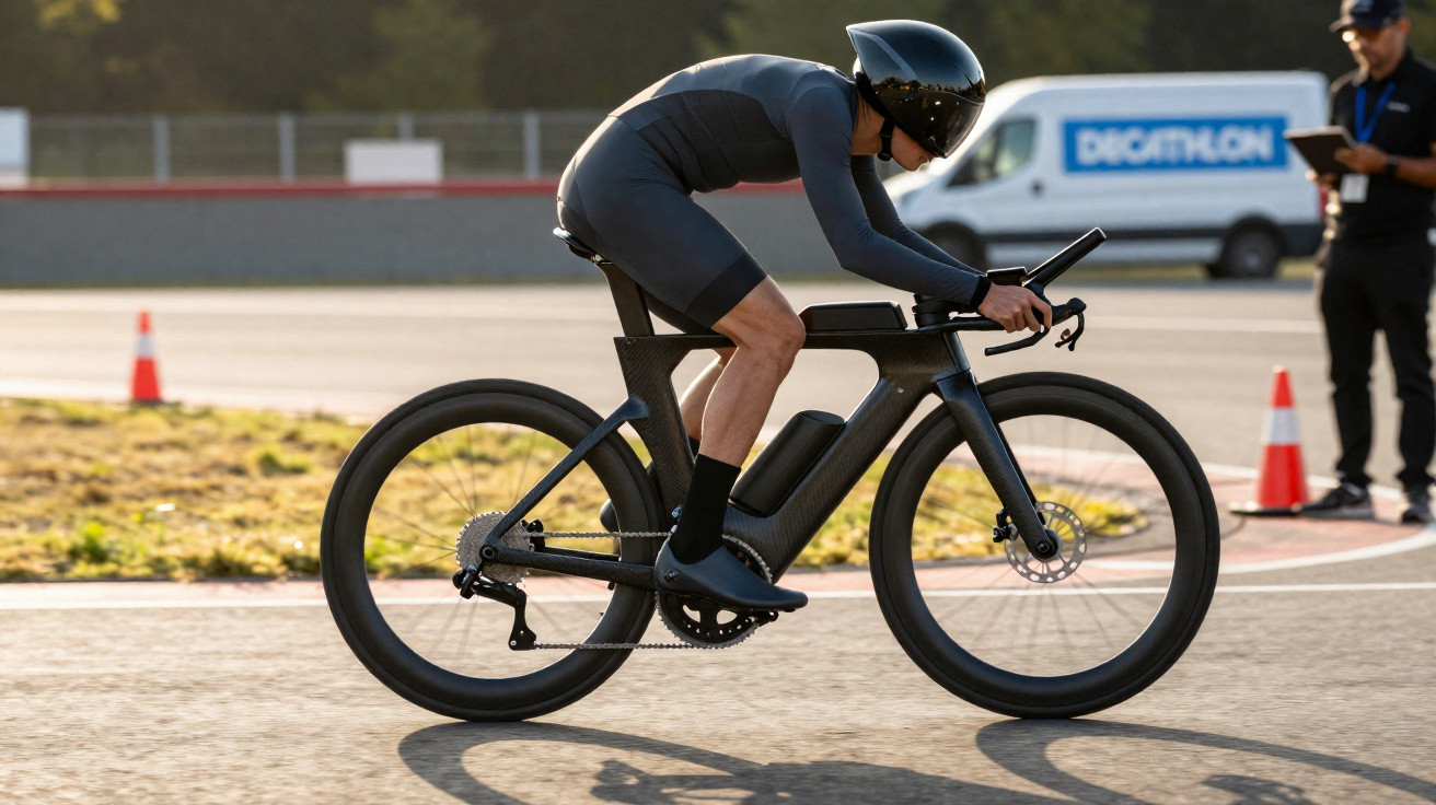 Ciclista com roupa aerodinâmica e capacete pedalando em bicicleta de corrida preta em pista de teste.