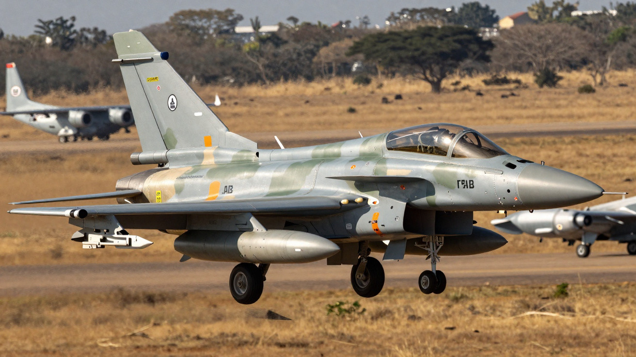 Caça militar da Força Aérea Brasileira em pouso com camuflagem cinza e verde.
