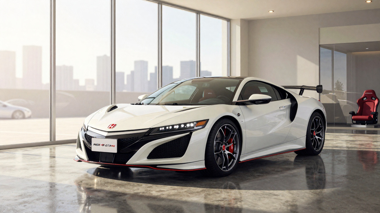 Carro esportivo branco Honda NSX GT3 RS estacionado em showroom moderno com cadeiras vermelhas ao fundo.