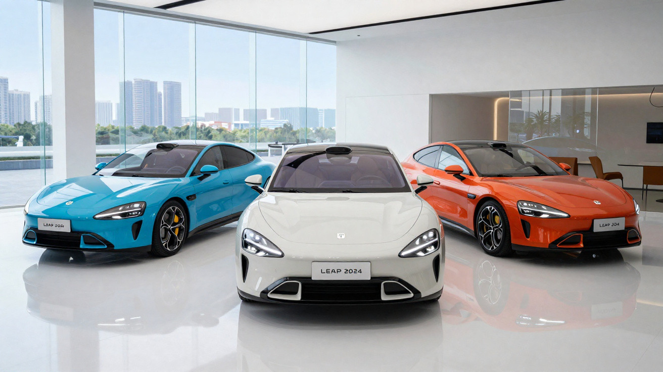 Três carros elétricos LEAP 2024 nas cores azul, branco e laranja exibidos em showroom moderno.