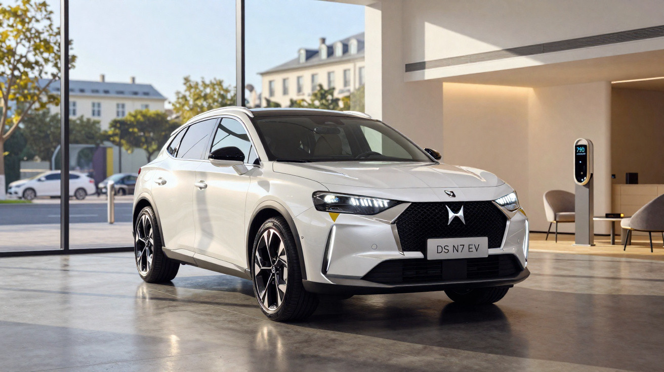 Carro elétrico DS N7 EV branco estacionado em ambiente interno moderno com carregador elétrico ao lado.