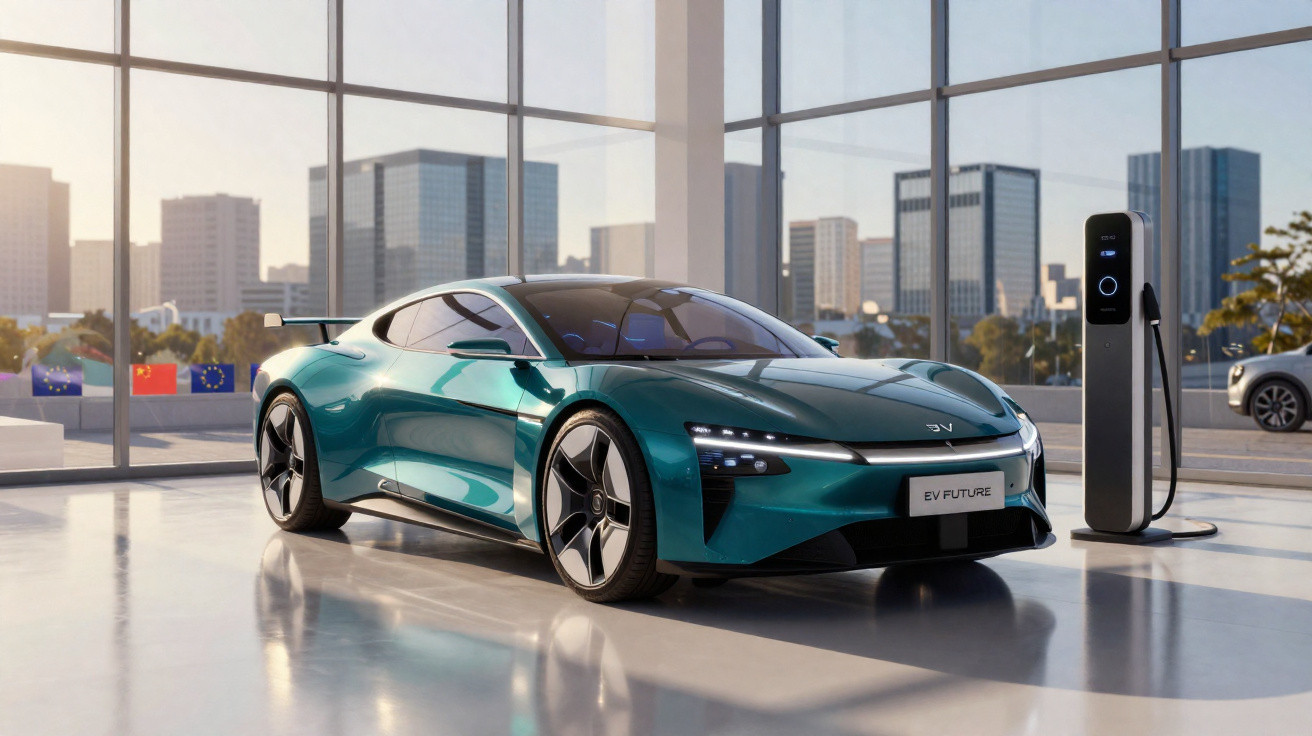 Carro esportivo elétrico verde brilhante estacionado ao lado de estação de recarga em ambiente moderno com janelas de vidro.