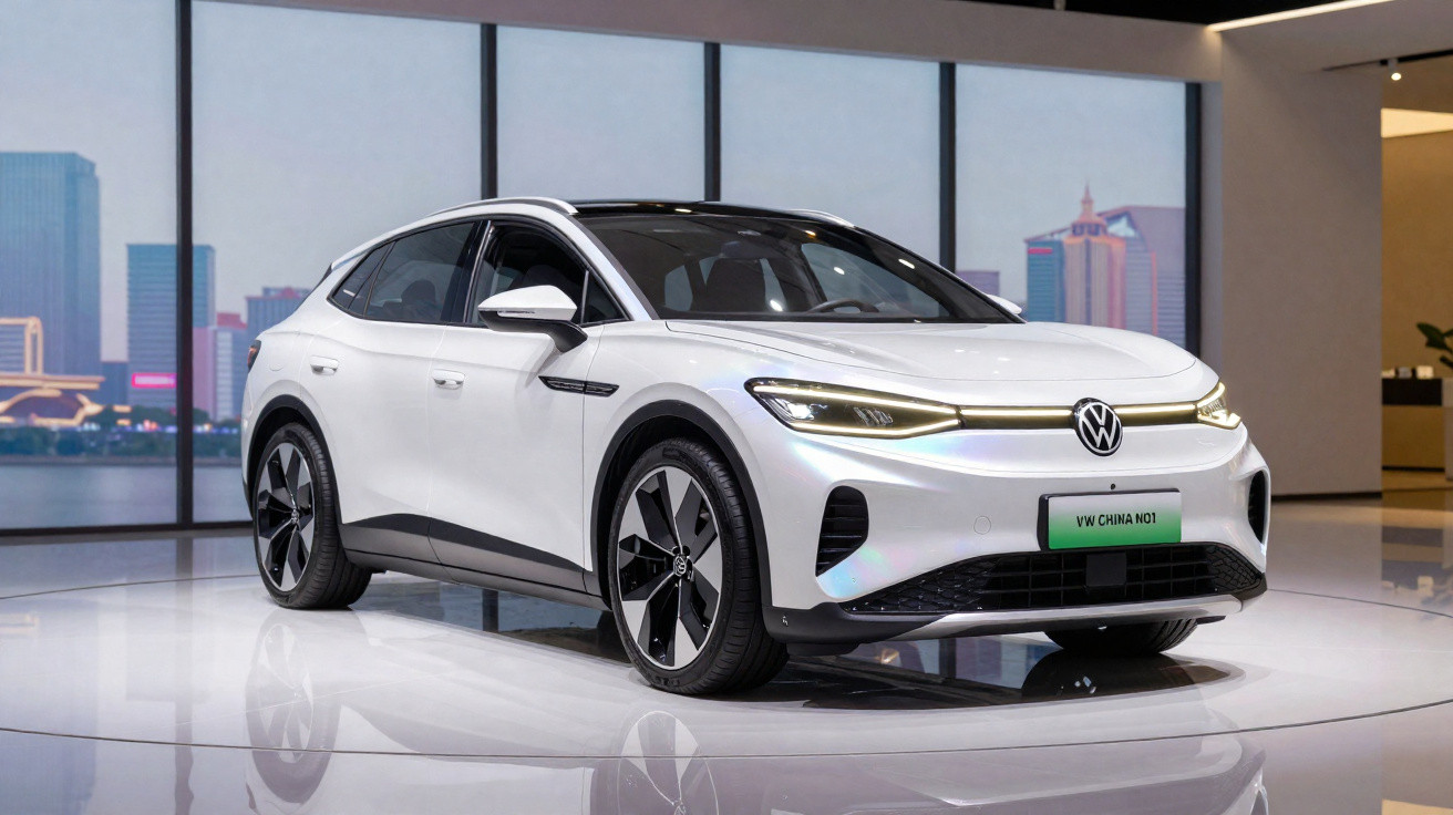 Carro elétrico Volkswagen branco exibido em estande moderno com fundo de cidade ao entardecer.