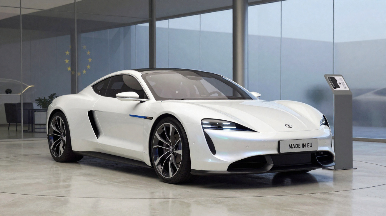 Carro esportivo branco elétrico estacionado em showroom moderno com placa branca escrita "MADE IN EU".