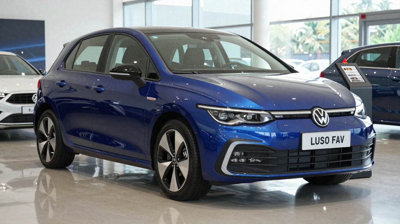 Carro Volkswagen hatchback azul em exposição dentro de concessionária moderna com piso refletivo.