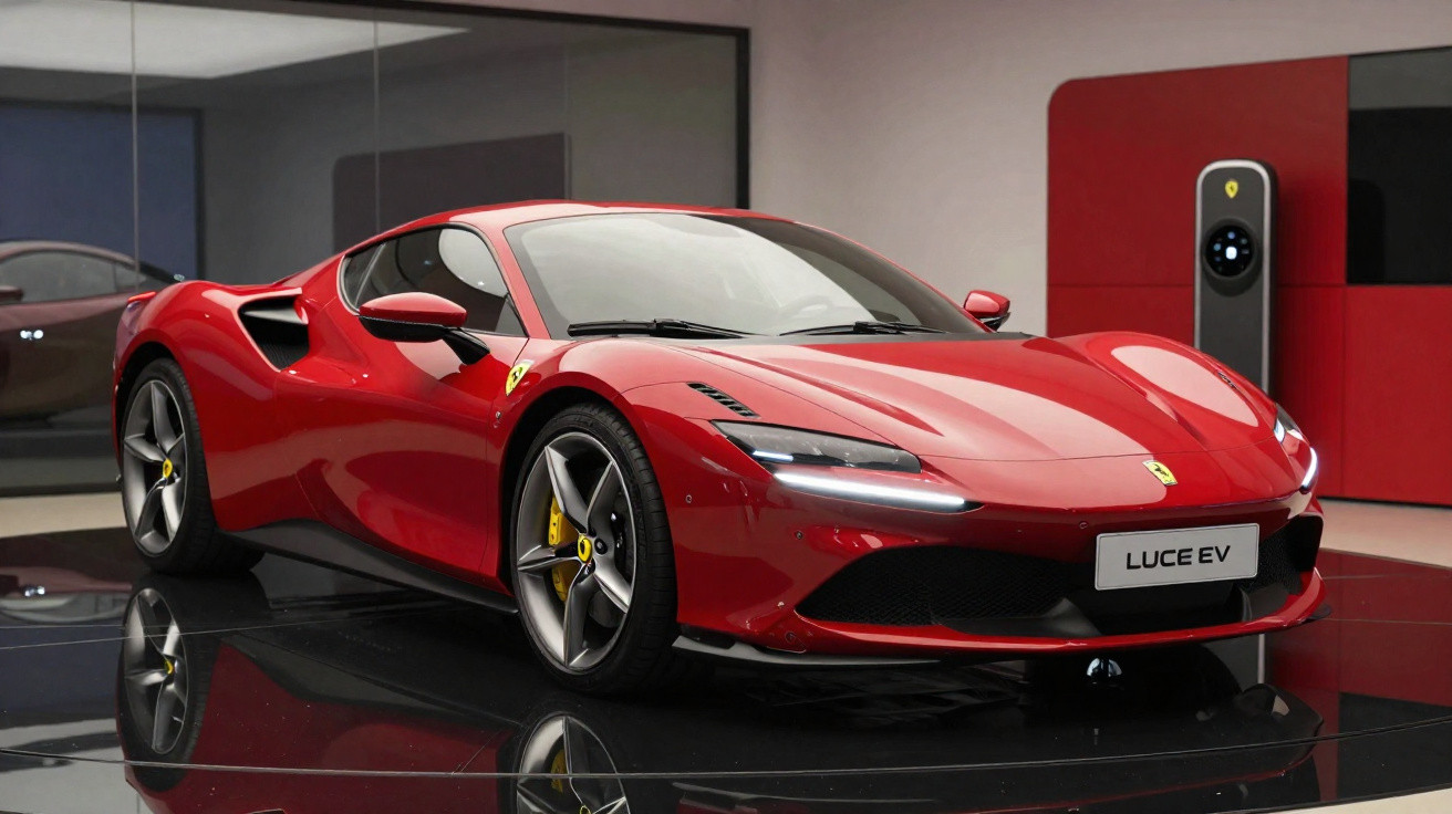 Carro esportivo vermelho Ferrari Luce EV estacionado em showroom moderno com carregador elétrico.