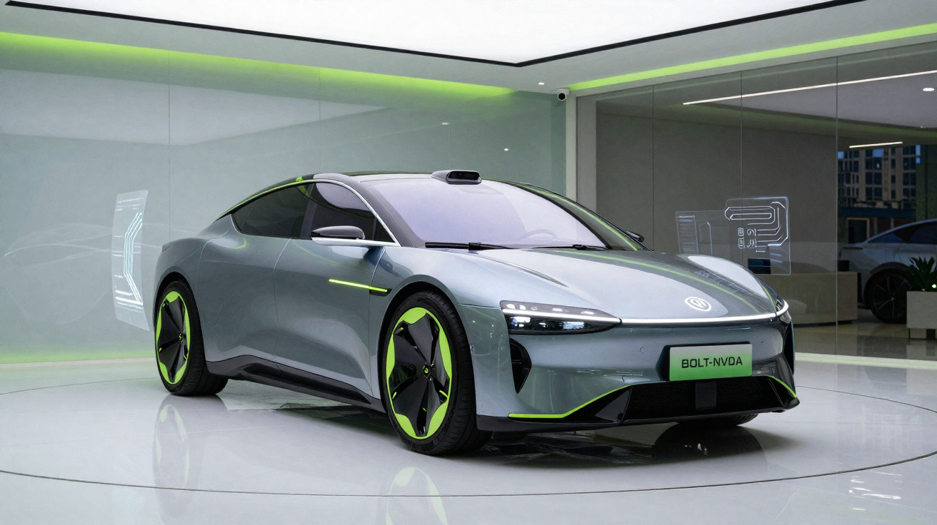Carro elétrico cinza com detalhes verdes em showroom moderno e iluminado, modelo Bolt-NVDA.