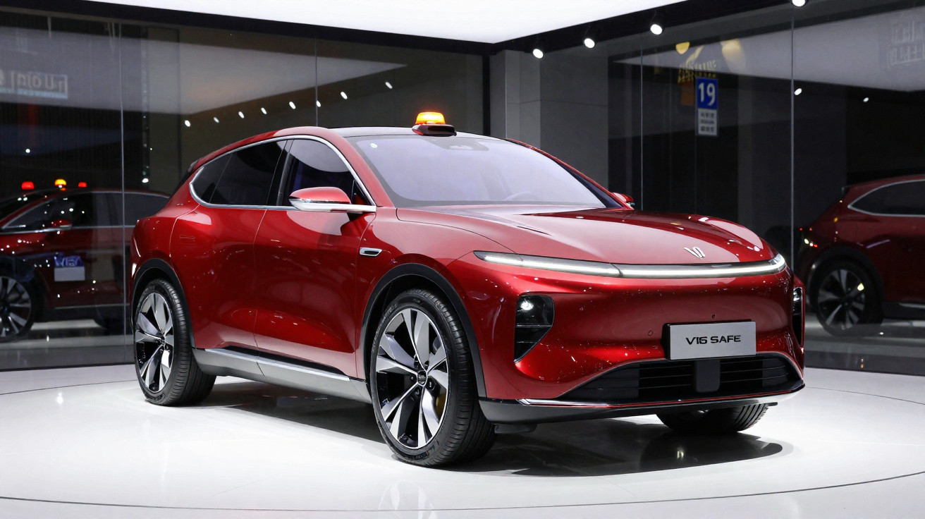 Carro elétrico vermelho VW Vis Safe exposto em estande moderno com luzes refletidas no vidro.