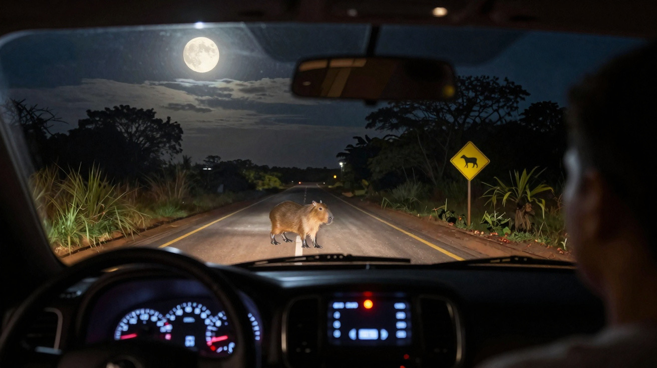 Capivara atravessando estrada à noite sob luz da lua, vista pelo para-brisa de um carro parado.