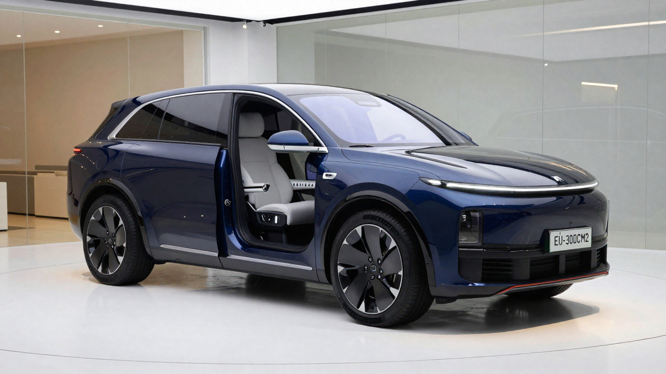 Carro SUV elétrico azul com porta dianteira aberta exibindo interior claro, em showroom moderno e iluminado.