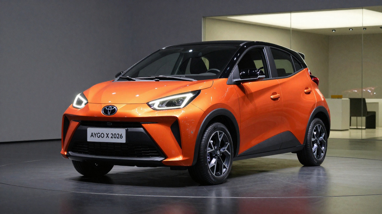 Carro compacto Toyota Aygo X 2026 na cor laranja com teto preto, exibido em salão de automóveis.