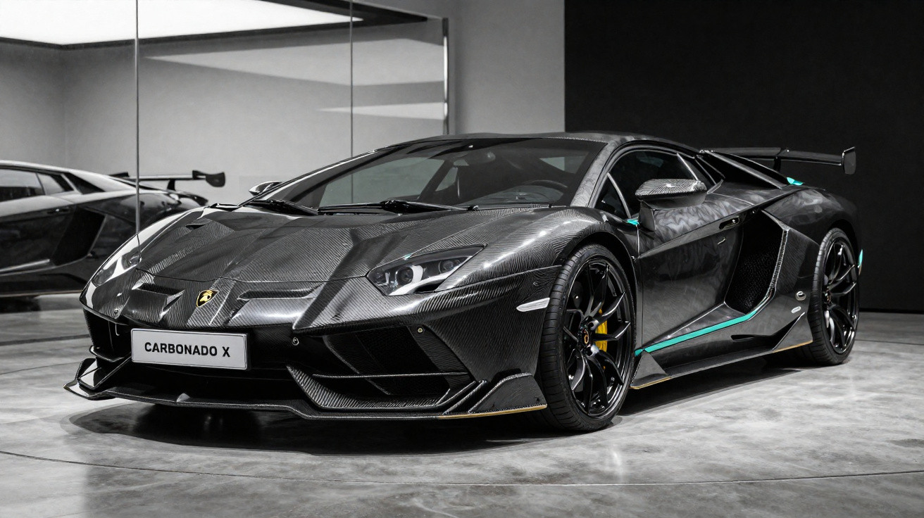 Carro esportivo Lamborghini carbono preto com detalhes em azul exibido em showroom moderno.