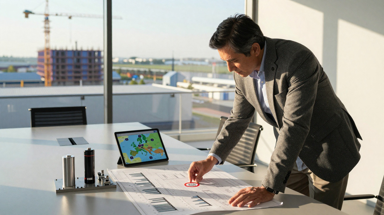 Homem em terno analisando plantas e gráficos sobre mesa em escritório com janela grande.