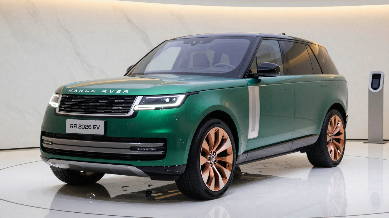 SUV elétrico Range Rover 2026 verde com teto preto exposto em ambiente interno moderno