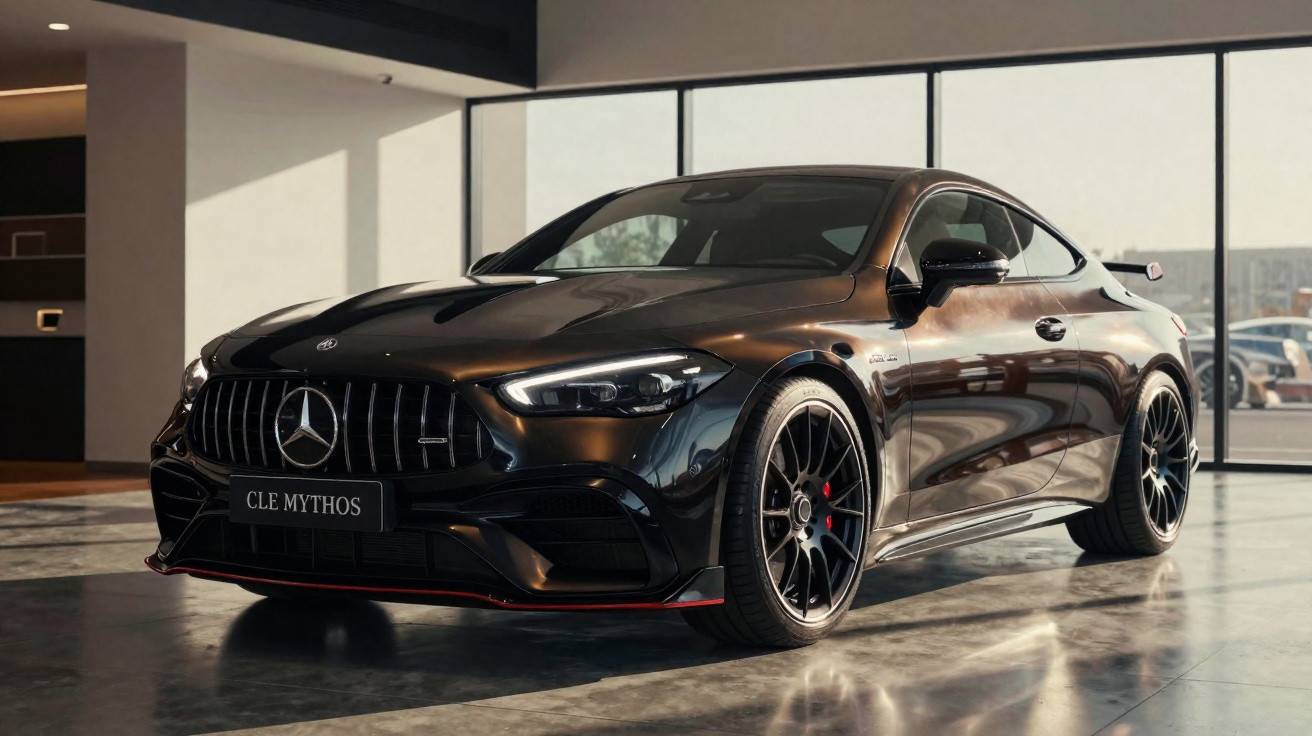 Carro esportivo Mercedes-Benz preto estacionado em showroom com grandes janelas ao fundo.