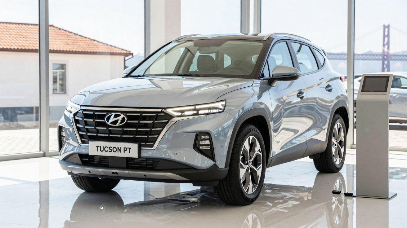 Carro SUV cinza Hyundai Tucson PT exibido em showroom com piso branco e grandes janelas.