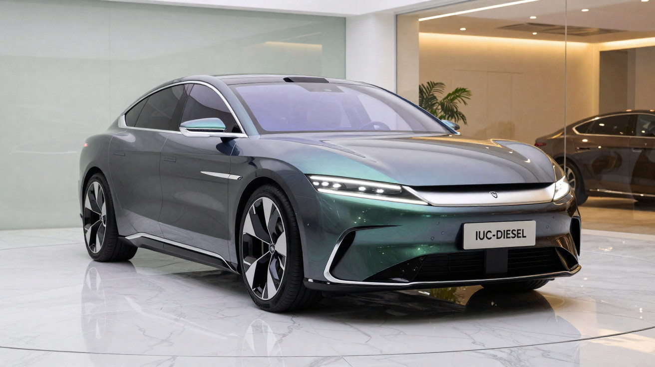 Carro elétrico cinza metálico em showroom com design futurista e rodas grandes estilizadas.