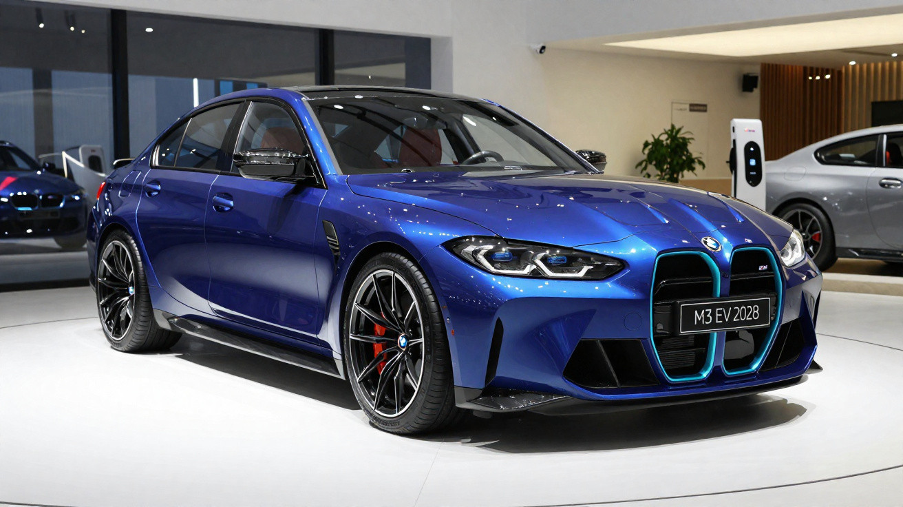 Carro esportivo BMW M3 EV 2028 azul em exposição interna com rodas pretas e detalhes vermelhos.