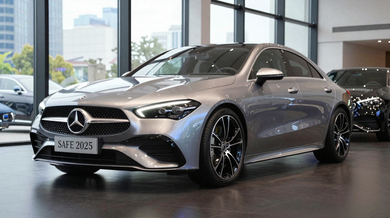 Carro sedan prata Mercedes-Benz 2025 em showroom moderno com janelas amplas.