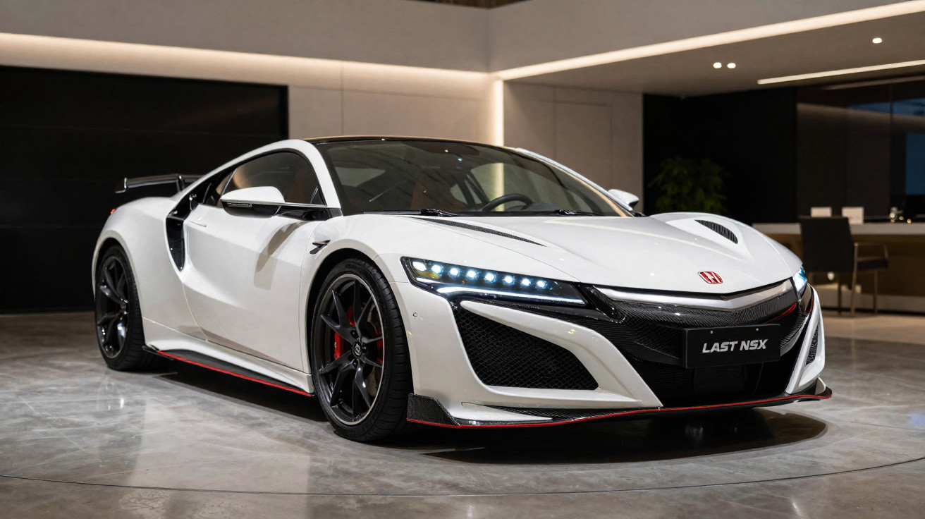 Carro esportivo branco Honda NSX estacionado em ambiente interno com iluminação moderna.