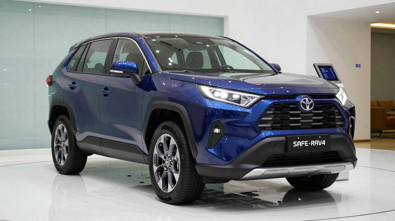 Carro SUV azul Toyota RAV4 exibido em ambiente interno moderno e iluminado.
