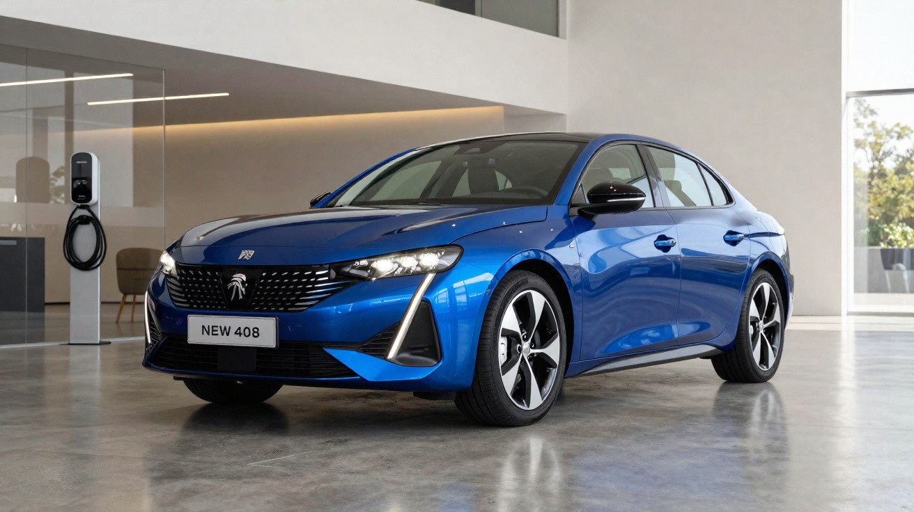 Carro sedan azul Peugeot 408 estacionado em ambiente interno moderno com piso de concreto.