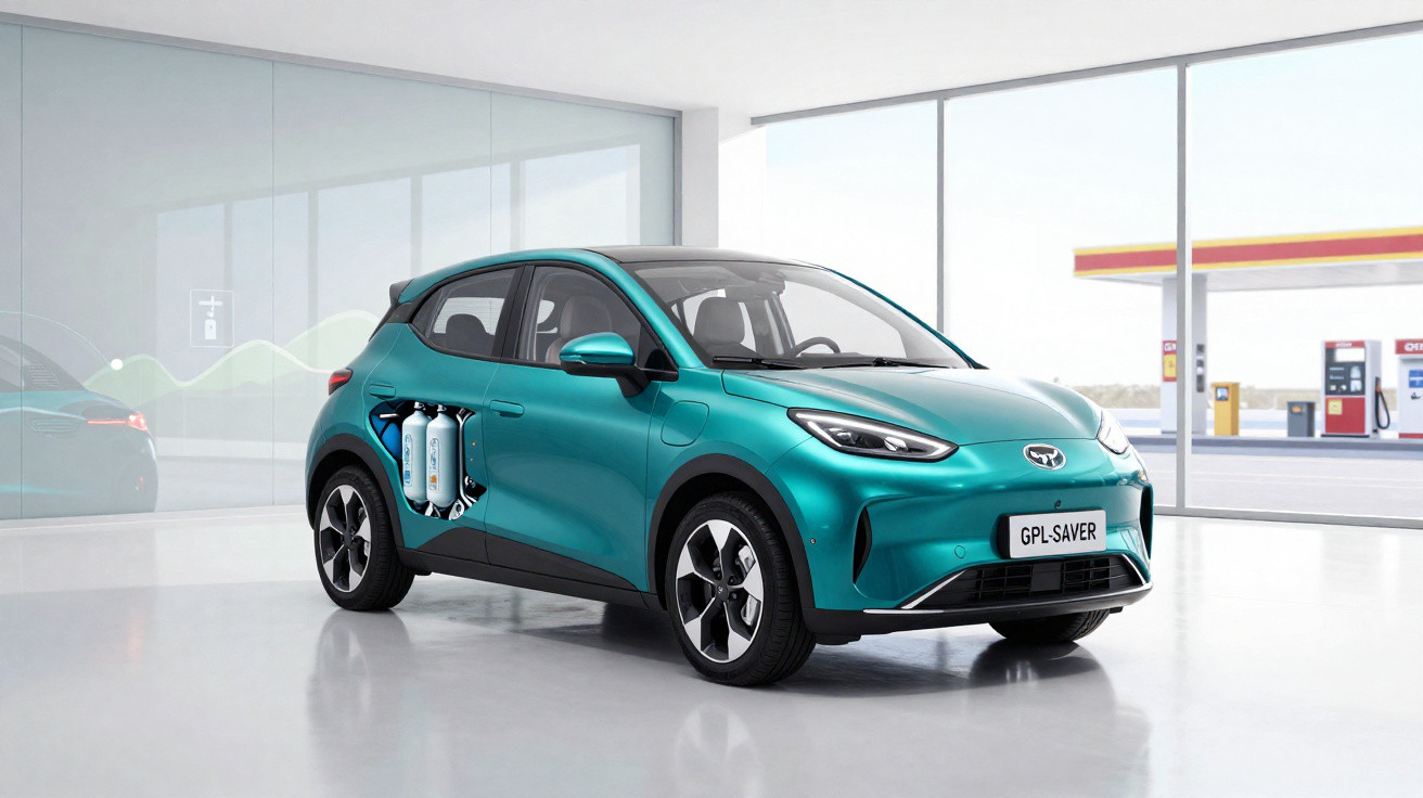 Carro elétrico azul em showroom com destaque para tanques de Gás Liquefeito de Petróleo (GLP) na lateral.