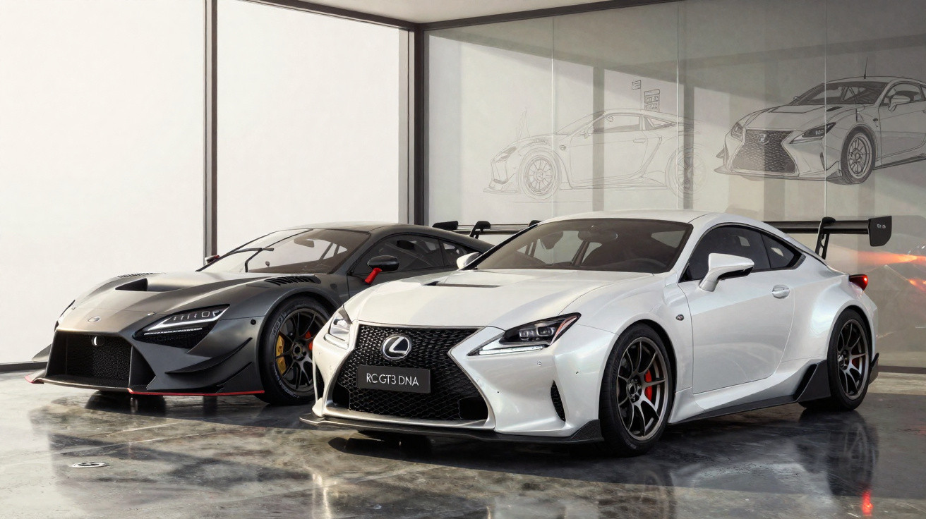 Dois carros esportivos Lexus RC GT3 DNA, um branco e um preto, exibidos em ambiente interno moderno.