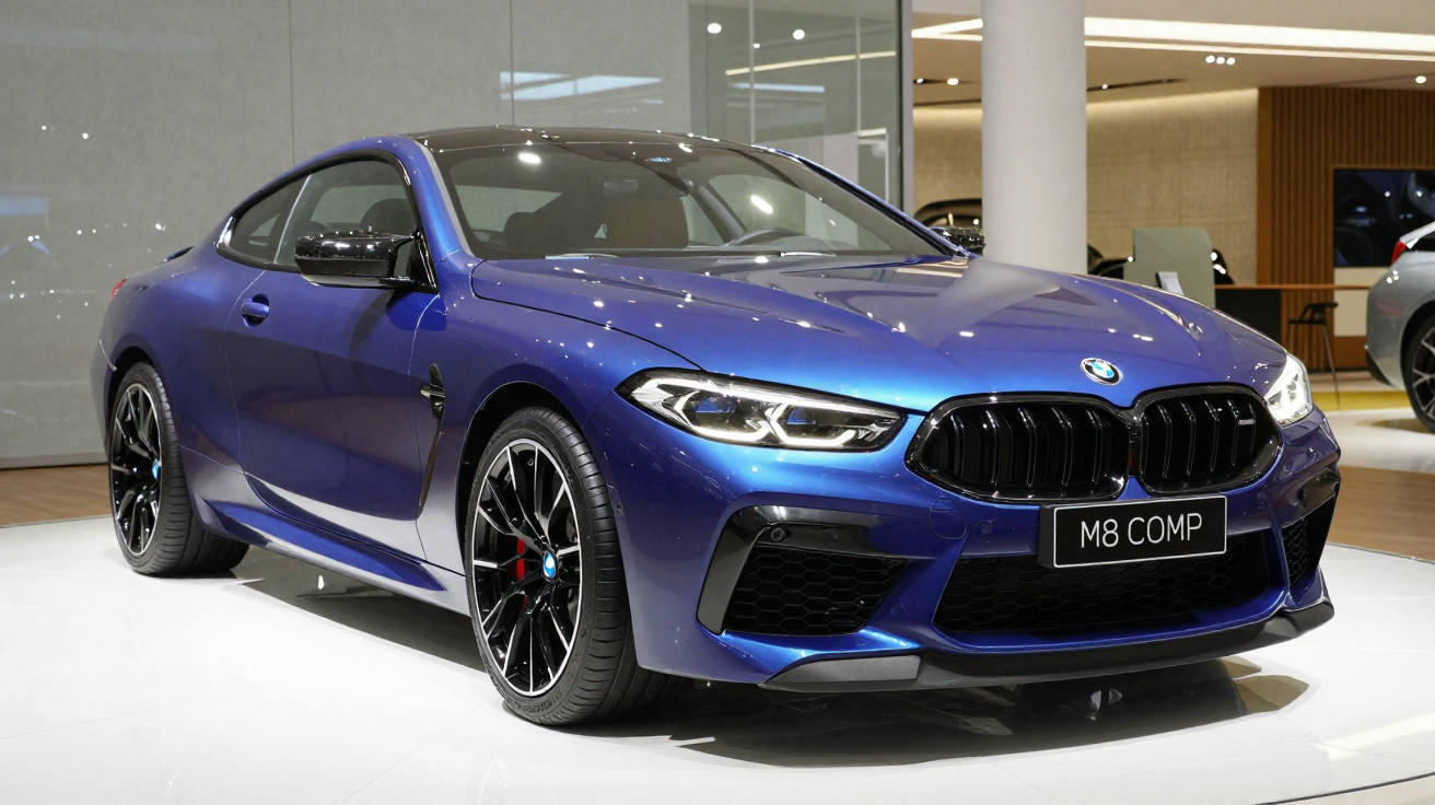 Carro esportivo BMW M8 Competition azul metálico exibido em salão de automóveis.