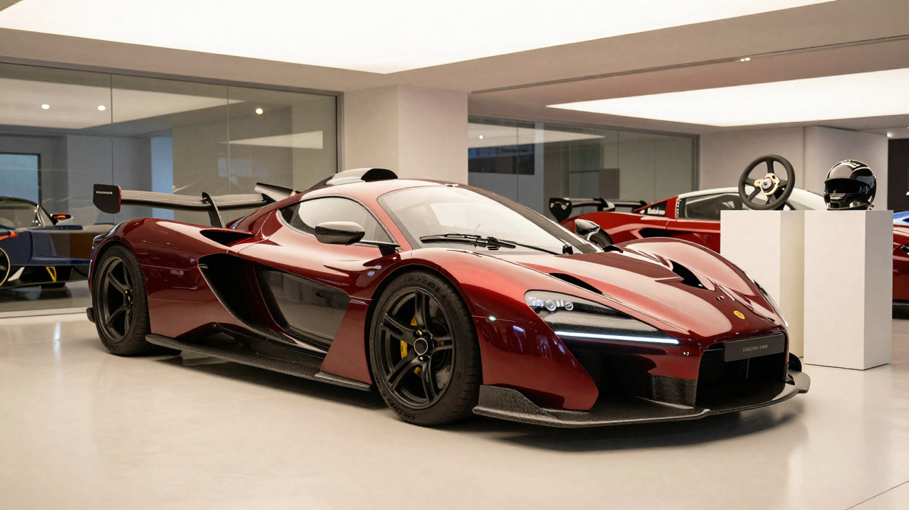 Carro esportivo vermelho metálico estacionado em ambiente interno moderno com outro carro ao fundo.
