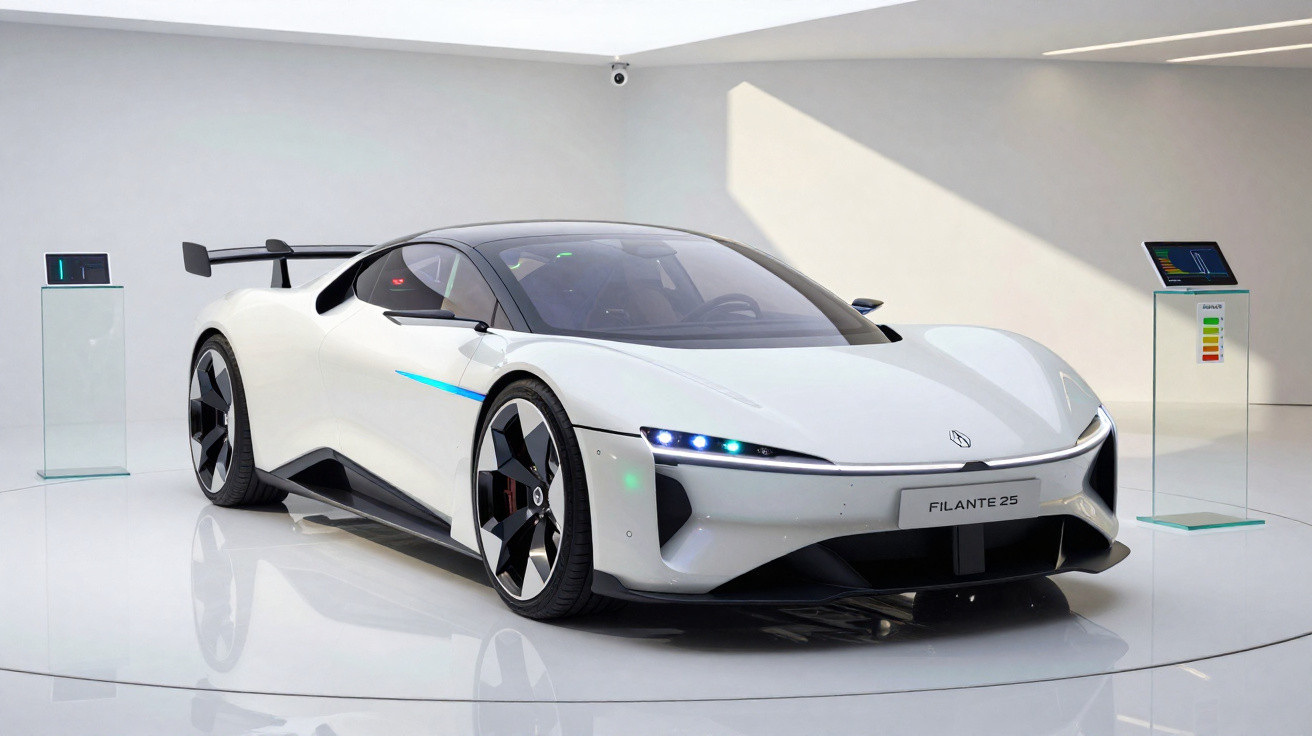 Carro esportivo elétrico branco Futuro Filante 25 exibido em ambiente moderno e minimalista.