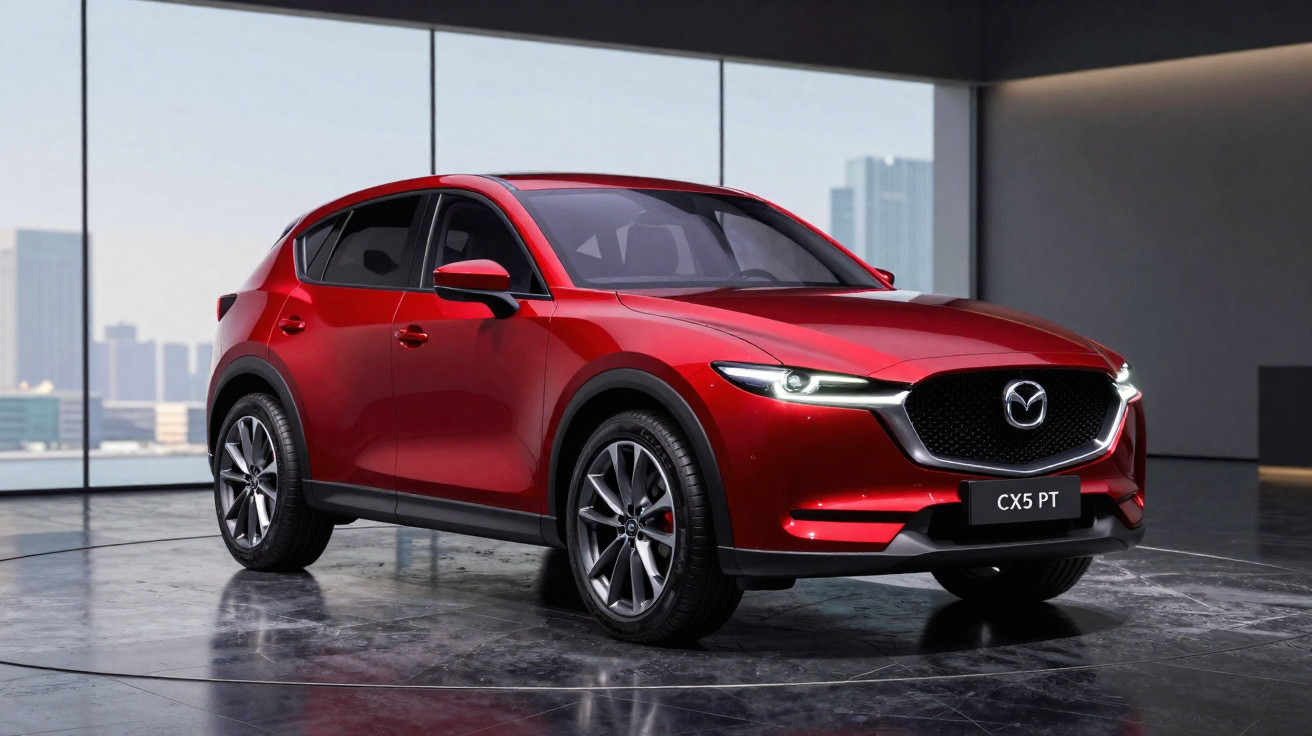 Carro SUV Mazda CX-5 vermelho estacionado em ambiente interno moderno com janelas amplas e vista urbana.