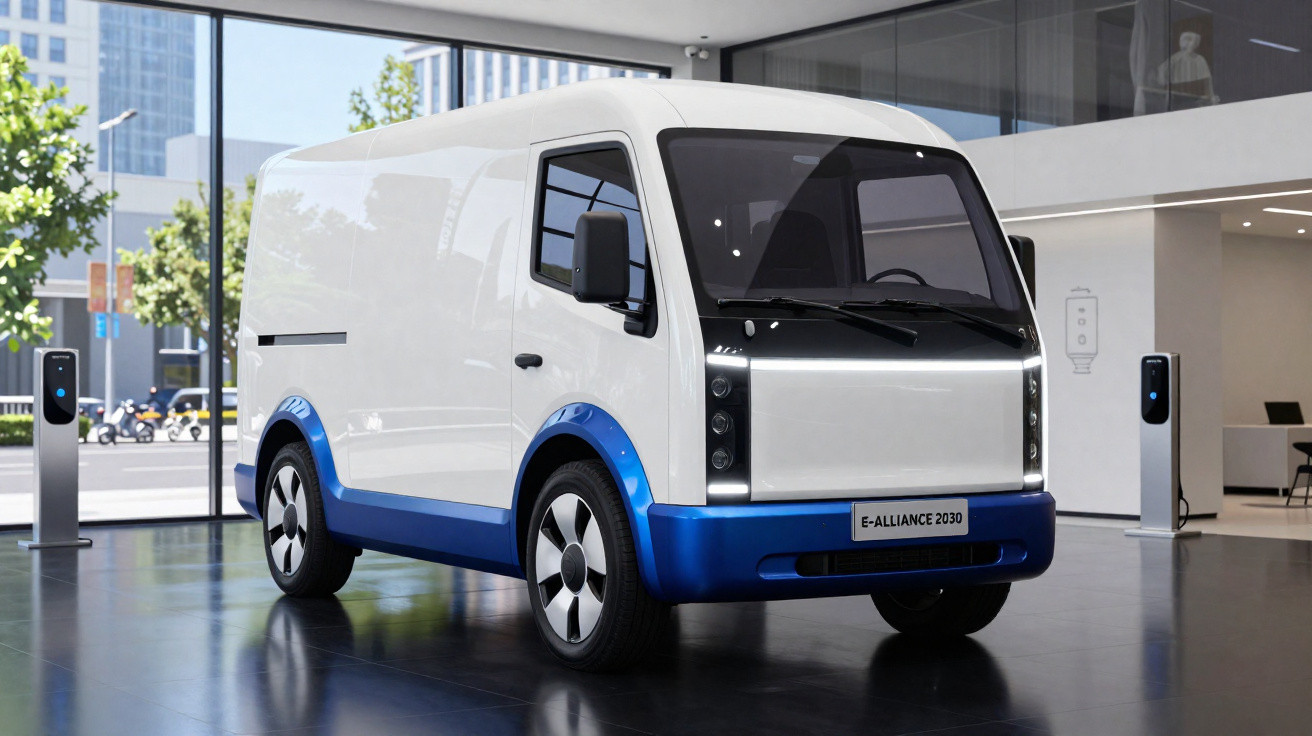 Van elétrica branca e azul com design moderno exposta em ambiente interno.