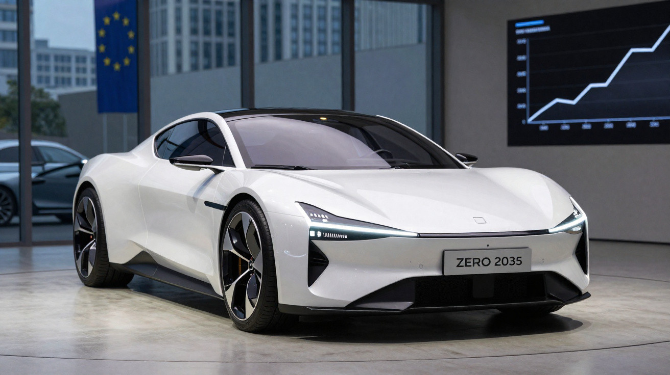 Carro esportivo elétrico branco com design futurista em exibição em ambiente interno moderno.