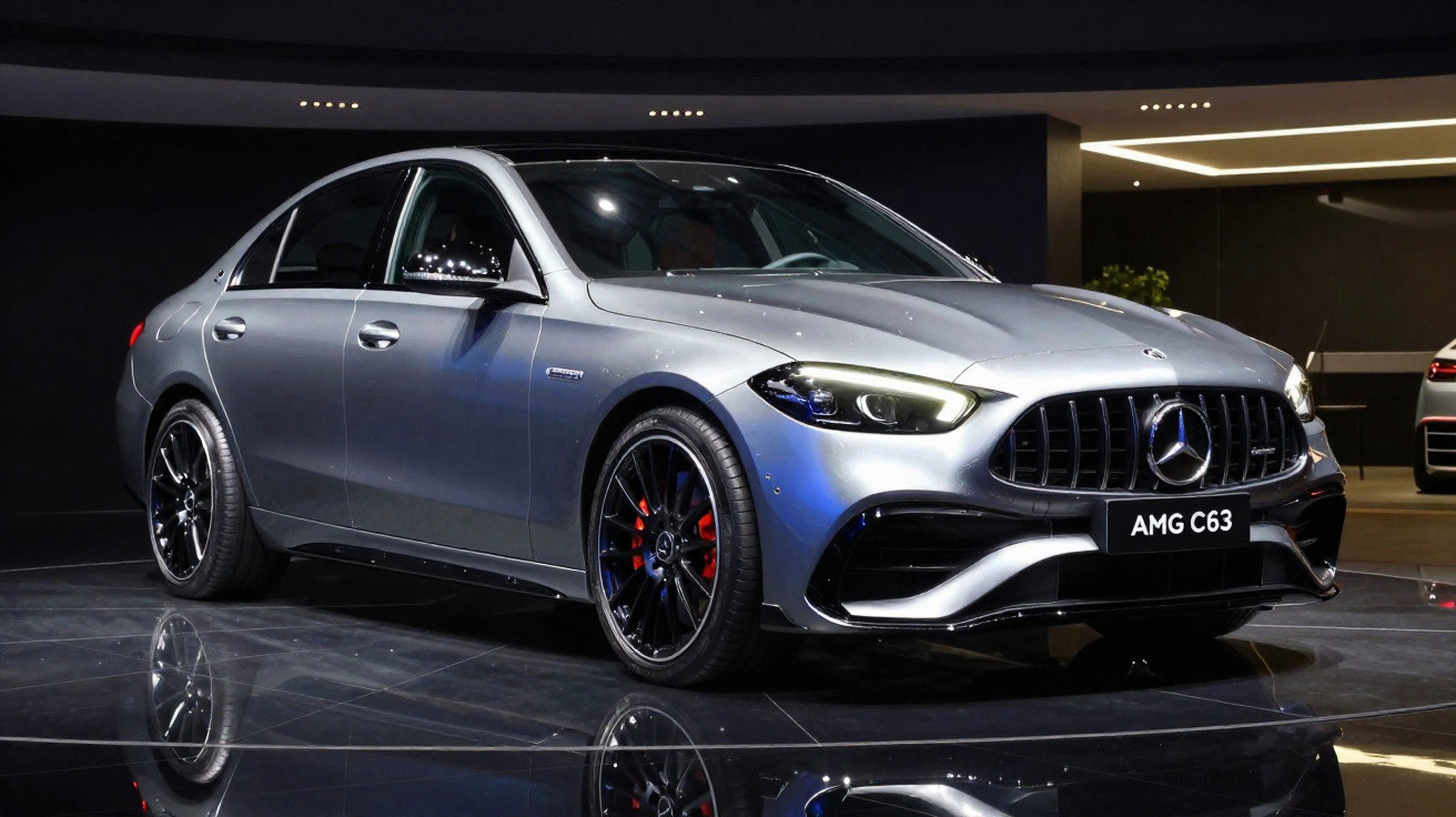 Mercedes-Benz AMG C63 prata exibido em ambiente interno com piso espelhado.