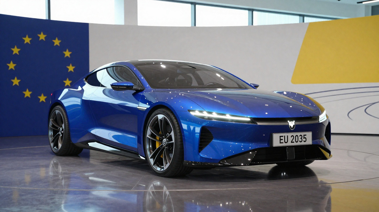 Carro esportivo azul elétrico estacionado em ambiente interno com bandeira da União Europeia ao fundo.