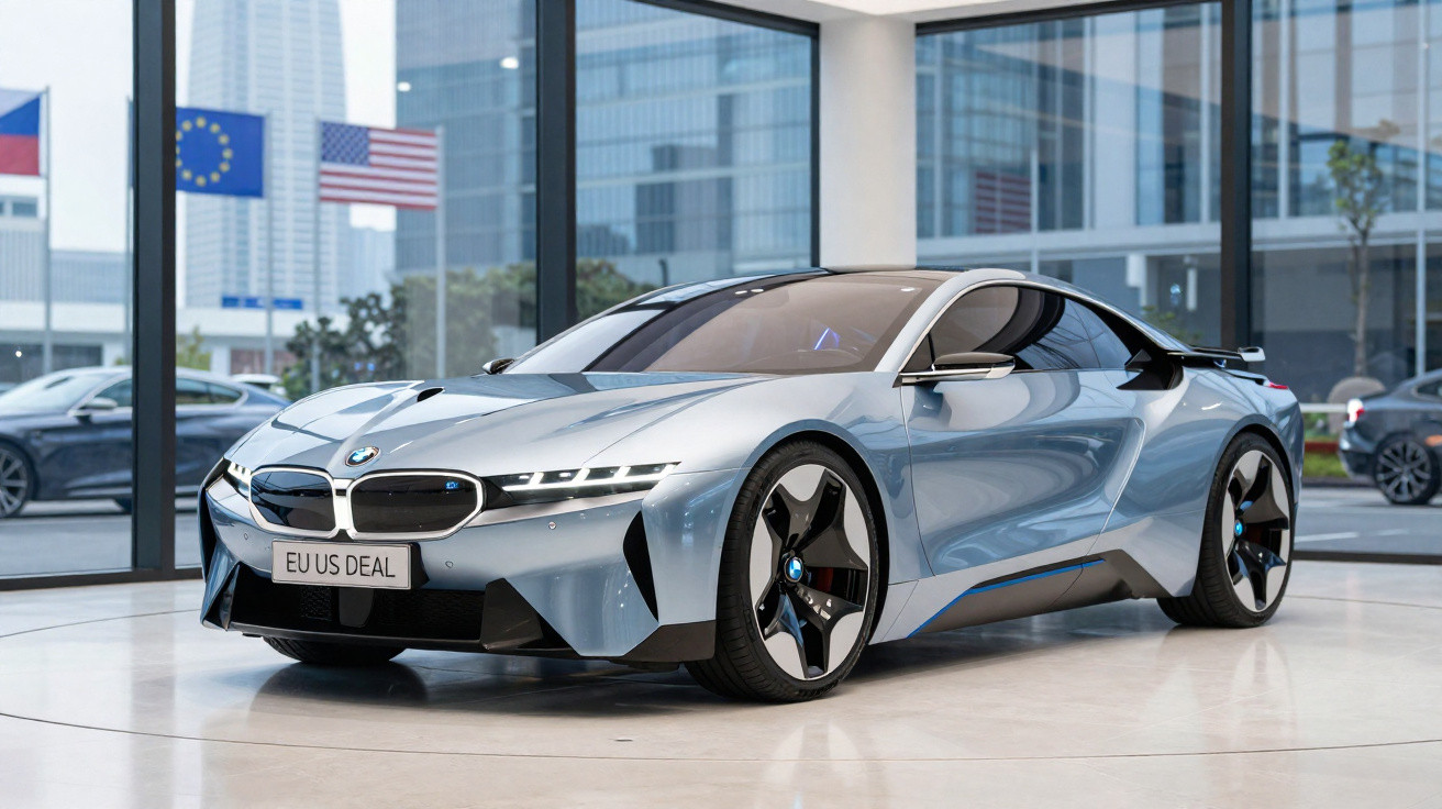 Carro esportivo BMW prata estacionado em showroom com janelas e bandeiras ao fundo.